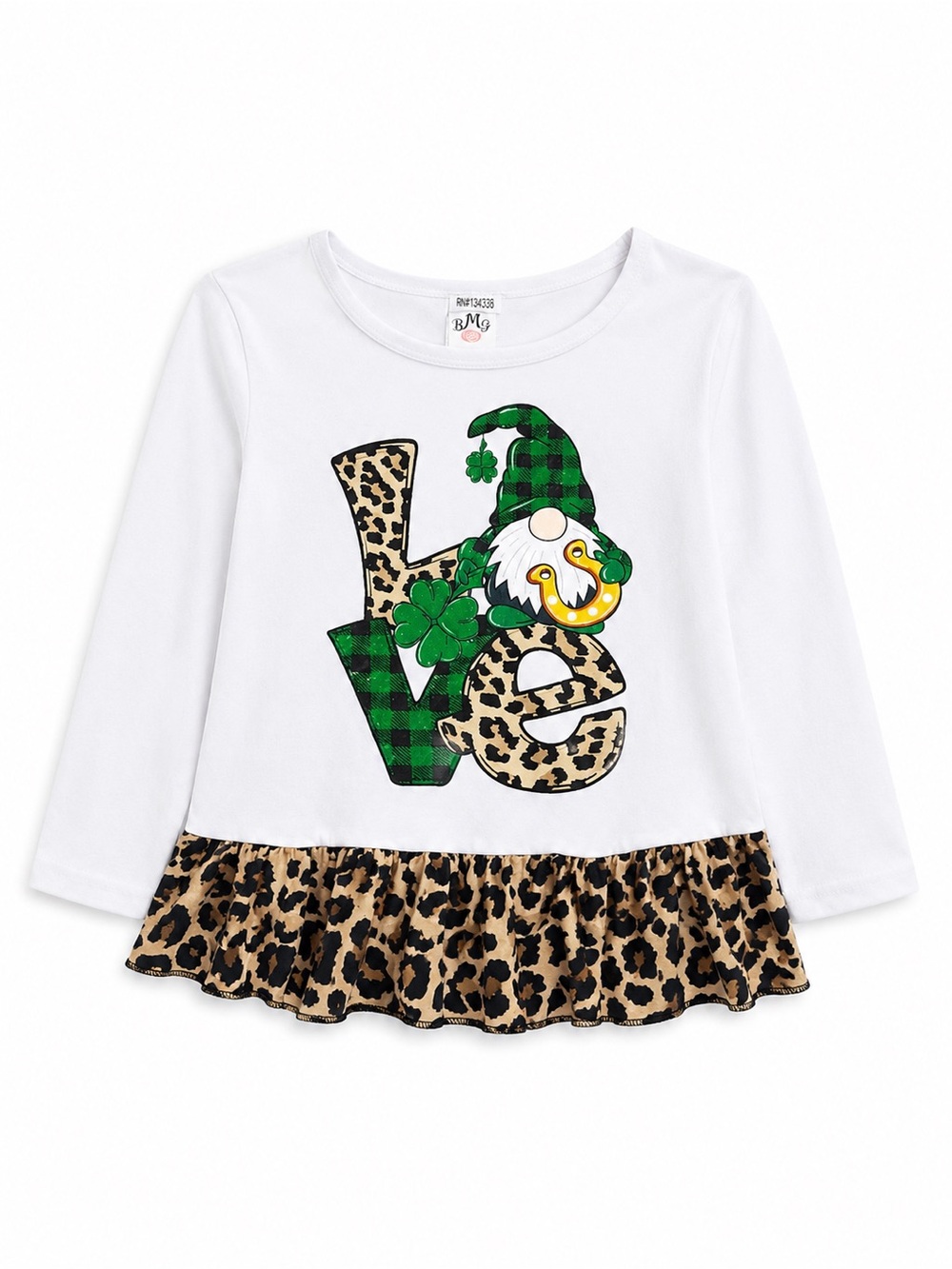 White 'Love' Graphic Long-Sleeve Top with Green Plaid & Leopard Ruffle